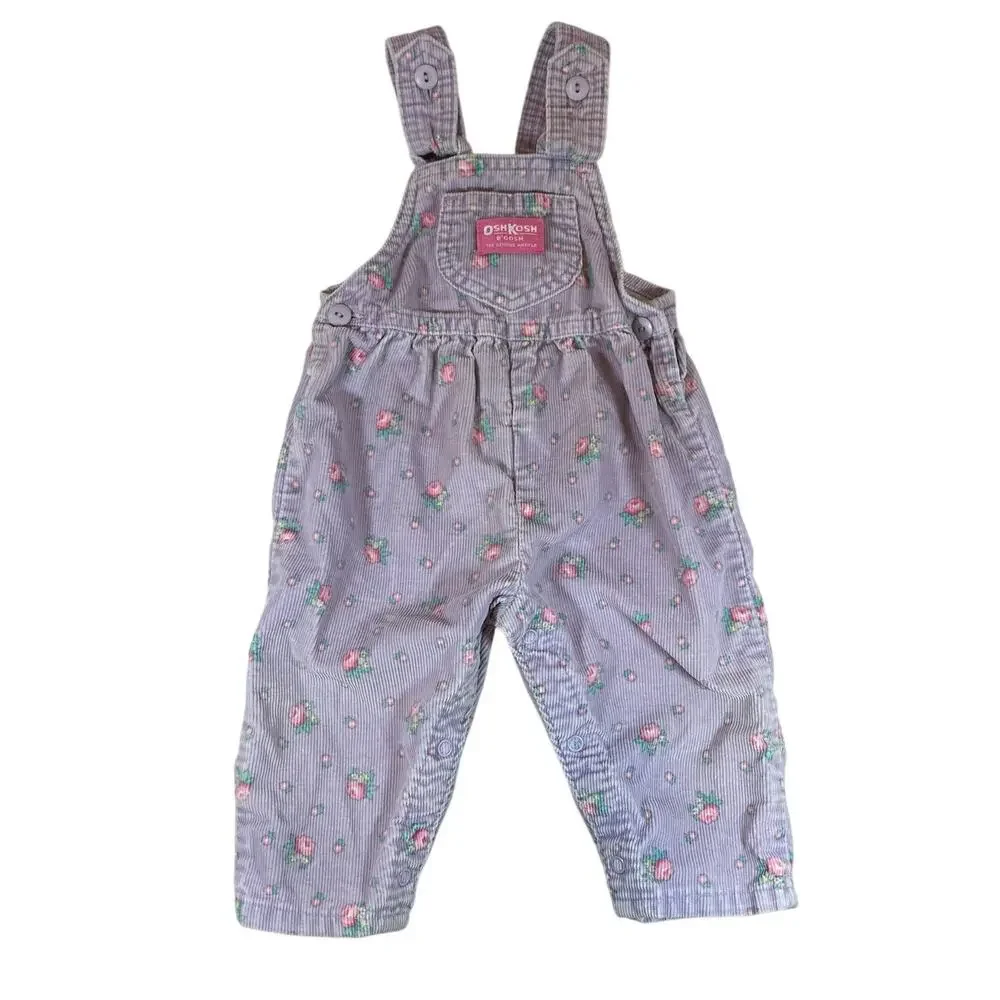 Vintage OshKosh RARE BOW BACK Purple Floral Corduroy Overalls 12 Months 80s